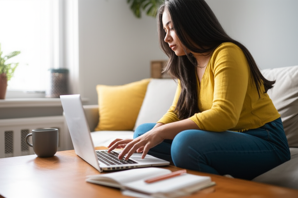 Happy customer working at a laptop